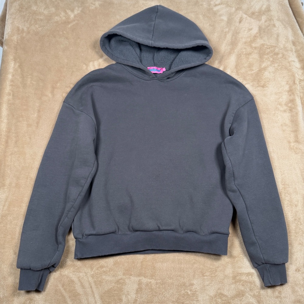 Edikted XS Charcoal Grey Pink Bow Sleeve Graphic Pullover Hoodie Sweatshirt